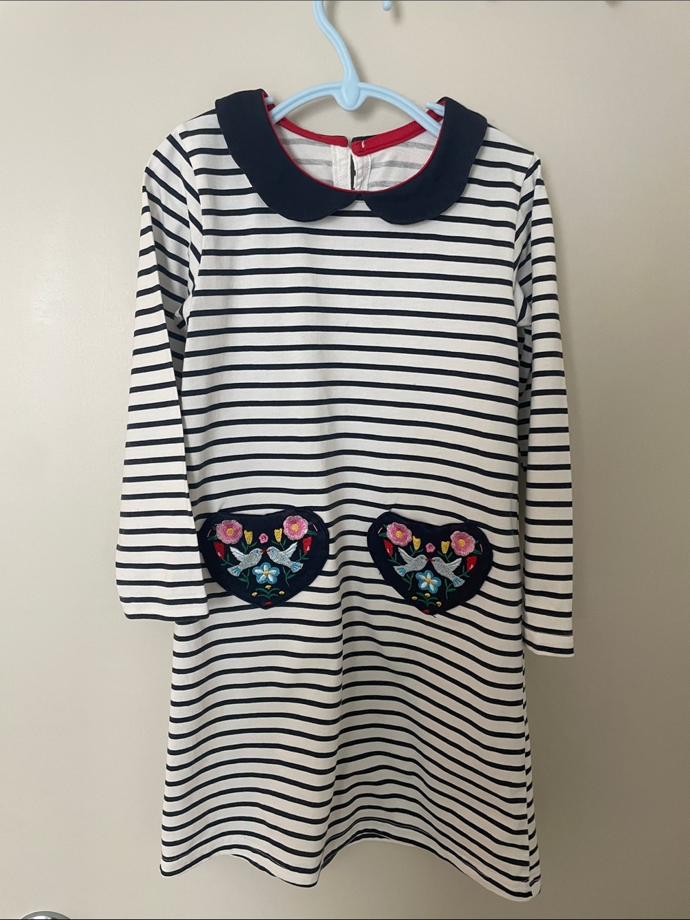 Navy & White Striped Girls' Dress with Embroidered Heart Pockets size 6